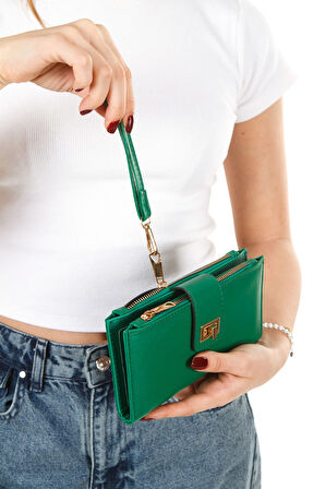 Kadın Venesia Kağıt Bozuk Para Kartlık Bölmeli Kilitli Bilek Askılı Portföy Yeşil Cüzdan