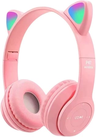 Kablosuz Bluetooth 5.0 Led Işıklı Kedili Şık Kulaklık Hediye Çocuk Oyuncu, Pembe