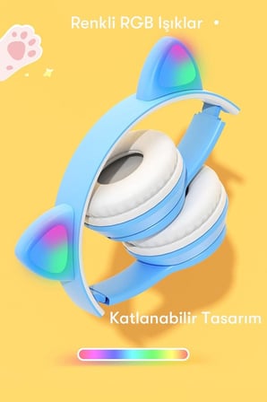 Kablosuz Bluetooth 5.0 Led Işıklı Kedili Şık Kulaklık Hediye Çocuk Oyuncu, Pembe