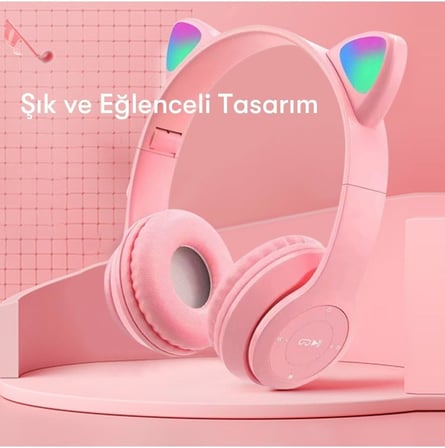 Kablosuz Bluetooth 5.0 Led Işıklı Kedili Şık Kulaklık Hediye Çocuk Oyuncu, Pembe