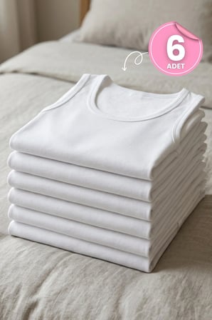 Erkek 6'lı Paket Atlet %100 Pamuklu Bisiklet Yaka Klasik Beyaz Geniş Bantlı İç Giyim