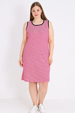 Kadın Çizgili %100 Pamuk Biye Detaylı Relaxed Elbise