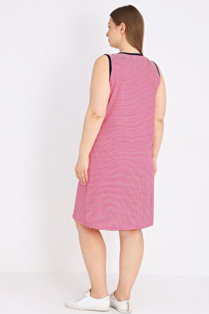 Kadın Çizgili %100 Pamuk Biye Detaylı Relaxed Elbise