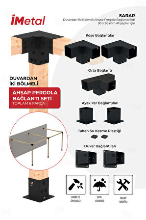 İmetal Sarar Duvardan İki Bölümlü Hazır Ahşap Pergola Bağlantı Seti 90x90  mm Ahşaplar için İmetal