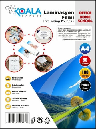 Koala Laminasyon Filmi A4 80 Micron 100 Adet Yüksek Kalite Koruma ve Parlaklık