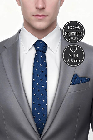 Slim Damla Desen Mavi Kravat & Mendil