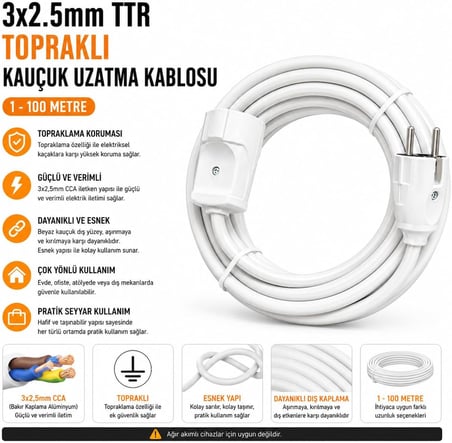 3x2.5mm TTR Tekli Beyaz Topraklı Kauçuk Uzatma Kablosu (10 METRE)