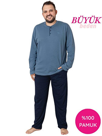 Erkek Füme Lacivert Büyük Beden 3 Düğmeli %100 Pamuk Mevsimlik Uzun Kollu Cepli Pijama Takımı
