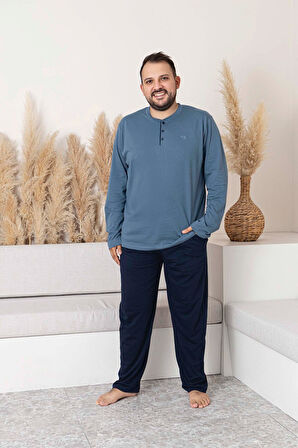 Erkek Füme Lacivert Büyük Beden 3 Düğmeli %100 Pamuk Mevsimlik Uzun Kollu Cepli Pijama Takımı