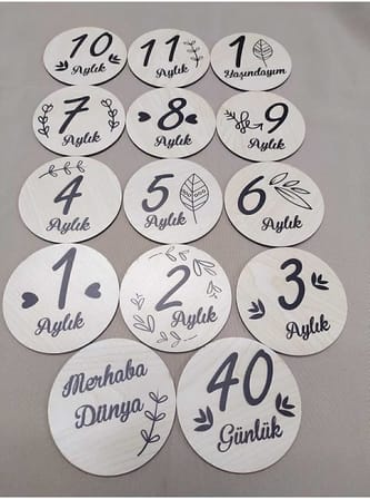 12 Aylık Plak Seti Ahşap Bebek Fotoğraf Kartları, Ilklerim Seti, Anı Kartları,hobbeb003,1 Yaş