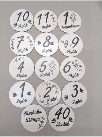 12 Aylık Plak Seti Ahşap Bebek Fotoğraf Kartları, Ilklerim Seti, Anı Kartları,hobbeb003,1 Yaş
