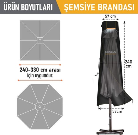 Bahçe Şemsiye Kılıfı, Veranda Parasol Konsol Şemsiyesi Brandası, Koruma Örtüsü, Su Geçirmez, Hava Koşullarına Dayanıklı Bahçe Gölgelik Güneşlik Örtüsü (210-45/72/32 cm) Siyah