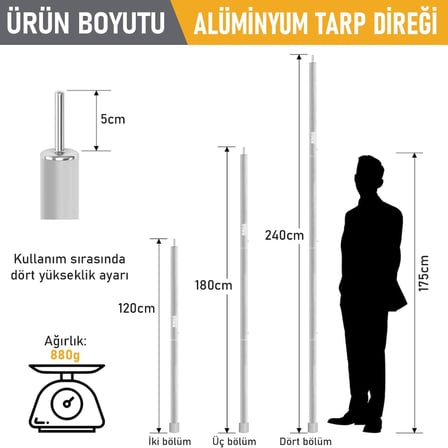 HAEGS Ayarlanabilir Tarp Tente Direkleri, 2`li Set, Teleskopik Alüminyum Çadır Gölgelik Branda Direkleri, Kamp Direği Katlanabilir Hafif Karavan Araç Yan Tente Direği - Gümüş