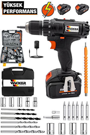 Wacker Pro Germany Black Bullet 58 V 12 Ah Çelik Şanzuman Bakır Sargılı Çift Akülü Şarjlı Matkap Vidalama 27 Parça Set