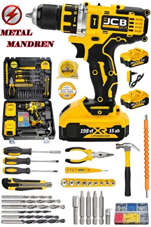 Projcb Plus Stone Series SJS Bakır Sargı 198 Vf 15 Ah Lion Metal Mandren 2 Akülü Vidalama Matkap + 100 Pcs Komple Set Hediye