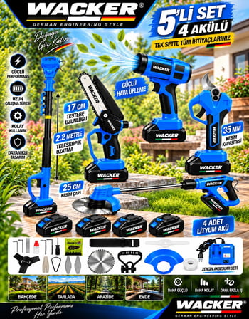 Prowackers V-TEC Seri 4X Akü Full 5 Li Bahçe Seti Bağ Makası 17 Cm Testere Hava Üfleme Çim Biçme + 2.2 MT Teleskop