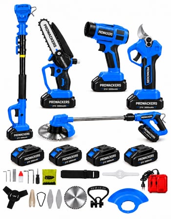 Prowackers V-TEC Seri 4X Akü Full 5 Li Bahçe Seti Bağ Makası 17 Cm Testere Hava Üfleme Çim Biçme + 2.2 MT Teleskop