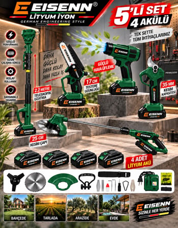 Eisenn GT Seri 4 ADET Super Akülü 5 Lİ Set Bağ Makası Dal Budama Teleskop Hava Üfleme Tırpan