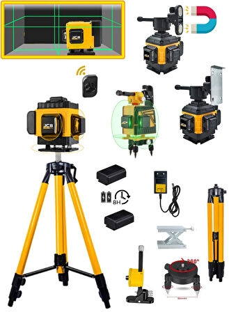 Projcb Plus Artı Lazer Terazi Distomat Yeşil Çizgi 12 Köşe Kumandalı Mıknatıslı 2 Akülü 360 Derece + 1.5 Mt Tripod Ayak 40 Mt Menzil