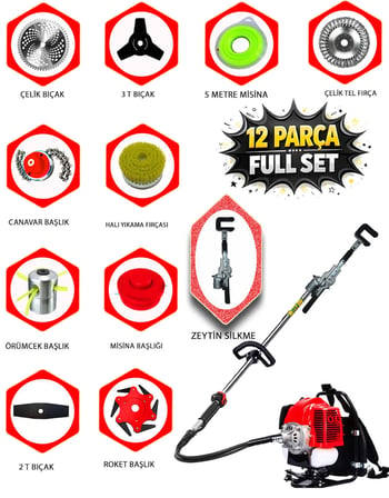Eisenn Zeytin Hasat Makinası + Sırt tipi Benzinli Motorlu Tırpan 12 Parça Özel Set