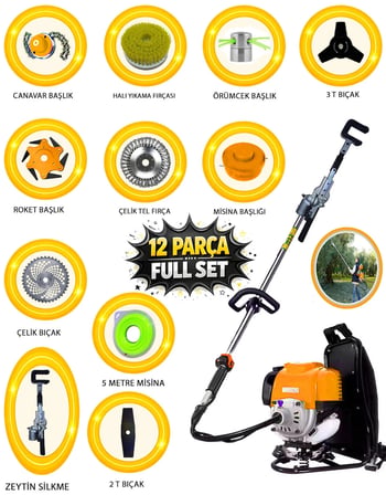 World Oliven 12 Parça Set Zeytin Silkme Hasat Makinası + Sırt Tipi Benzinli Motorlu Tırpan