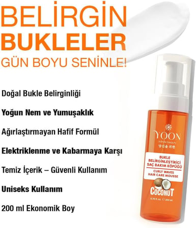 Bukle Belirginleştirici Saç Köpüğü 200ml – Kıvırcık Saçlar İçin Şekillendirici Köpük, Elektriklenme Önleyici, Hindistan Cevizi Yağı Nemlendirici, Doğal Parlaklık ve Yumuşak Bukleler