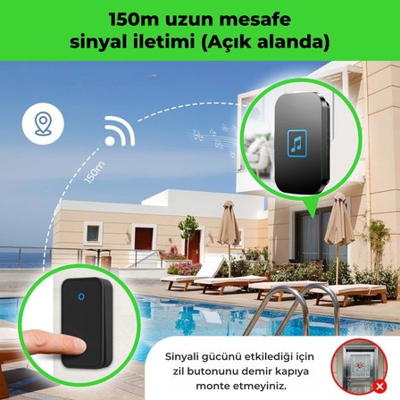 Kablosuz Kapı Zili Seti Pil Gerektirmez, Kinetik Enerjili Kapı Zili Pilsiz Şarjsız Kablosuz Fişi Prize Tak Çalıştır, LED Işıklı, Su Geçirmez, Ev Ofis Villa için Uygun (1 Verici + 1 Alıcı)