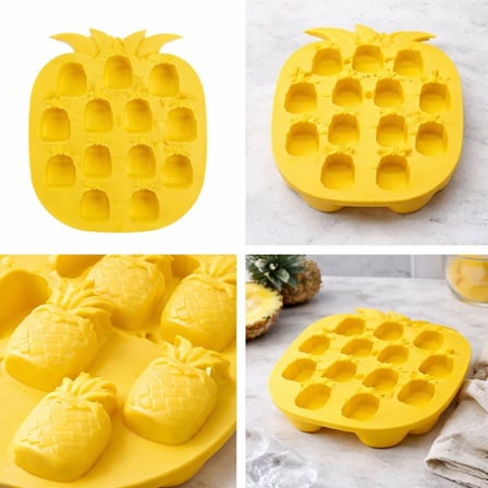 Ananas Şekilli Silikon Buz Kalıbı, Sarı, 12 Bölmeli, Tropikal Tema, Kokteyl ve İçecekler için