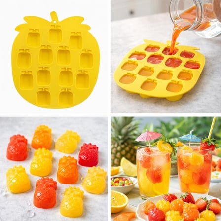 Ananas Şekilli Silikon Buz Kalıbı, Sarı, 12 Bölmeli, Tropikal Tema, Kokteyl ve İçecekler için
