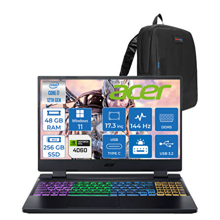 Acer Nitro 5 AN517-55- Intel  I7-12650H 48GB Ddr5 256GB SSD 8GB/RTX4060 140W IPS 17.3" 144Hz Full Hd WIN11HOME Gaming Laptop NHQLFEY004H16+ZETTAÇANTA