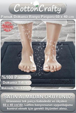 %100 Pamuk Dokuma Su Emici Banyo Paspası Ayak Desen 60x40 Cm (ANTRASİT)