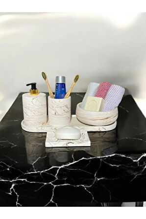 5'lı Banyo Seti Sıvı Sabunluk Diş Fırçalığı,Havluluk,Tepsi,Katı Sabunluk