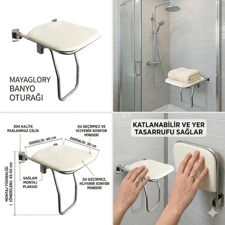 Mayaglory Katlanabilir Engelli Duş Oturağı - 304 Kalite Paslanmaz Çelik, Duvara Monte Yaşlı ve Bedensel Engelli Banyo Taburesi, Duş Oturak