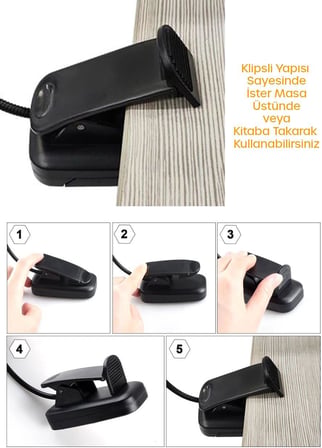 Ledli 2 Renk Işıklı Klipsli Mini Kitap Okuma Lambası Mandallı Masa Lambası Kitap Okuma Işığı 012
