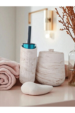 4 Parça Mermer Desenli Beton Banyo Wc Seti Tuvalet Fırçası Çöp Kovası 4 Litre