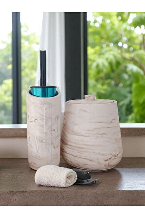 4 Parça Mermer Desenli Beton Banyo Wc Seti Tuvalet Fırçası Çöp Kovası 4 Litre