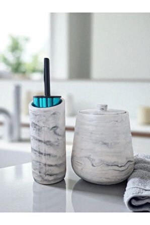 4 Parça Mermer Desenli Beton Banyo Wc Seti Tuvalet Fırçası Çöp Kovası 4 Litre