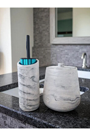 4 Parça Mermer Desenli Beton Banyo Wc Seti Tuvalet Fırçası Çöp Kovası 4 Litre