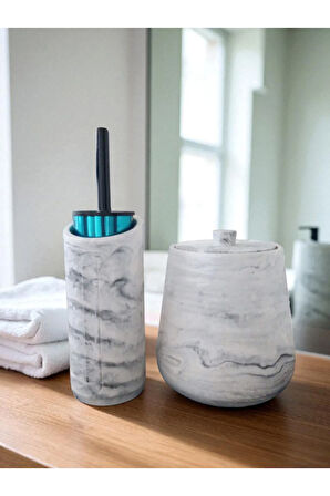 4 Parça Mermer Desenli Beton Banyo Wc Seti Tuvalet Fırçası Çöp Kovası 4 Litre