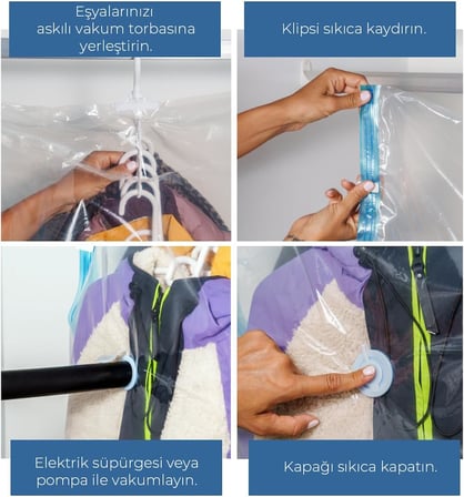 5 Askılı Vakumlu Saklama Poşeti, Yerden Tasarruf, Giysiler, Takım Elbiseler, Montlar veya Ceketler İçin, Şeffaf ve Yeniden Kullanılabilir Dolap Düzenleyici Uzun 70x100 cm (Large)