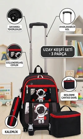 2 KADEMELİ ÇEKÇEKLİ TEKERLEKLİ KAREKTER DESENLİ ERKEK 3 LÜ SET TAKIM İLKOKUL SIRT ÇANTASI 40*27*17CM