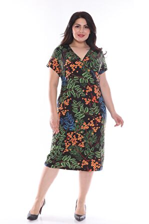 Yaprak Desenli Kruvaze Büyük Beden Elbise 25B-0974