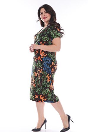 Yaprak Desenli Kruvaze Büyük Beden Elbise 25B-0974