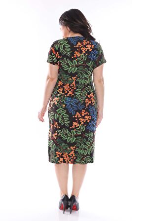 Yaprak Desenli Kruvaze Büyük Beden Elbise 25B-0974