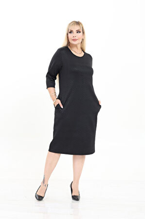 Çift Cepli Desenli Esnek Kışlık Büyük Beden Midi Elbise 25B-2722