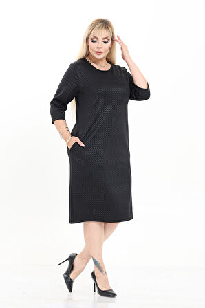 Çift Cepli Desenli Esnek Kışlık Büyük Beden Midi Elbise 25B-2722