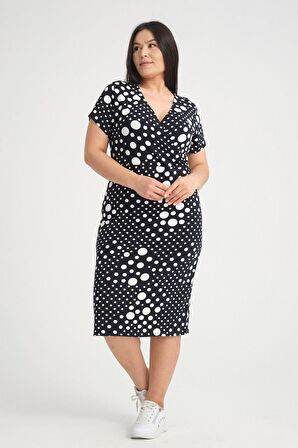 Kruvaze Yaka Puanlı Büyük Beden Elbise 25D-2543