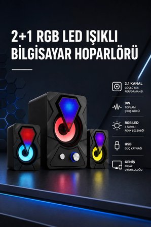 2+1 Rgb Led Işıklı Güçlü Bas Sistemli Bilgisayar Hoparlörü