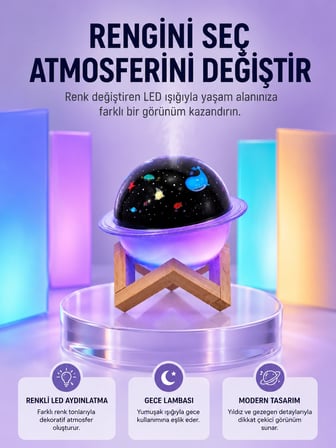 Usb İle Çalışan Projektörlü Aromaterapi Nemlendirici Masaüstü Kullanım İçin Uygun