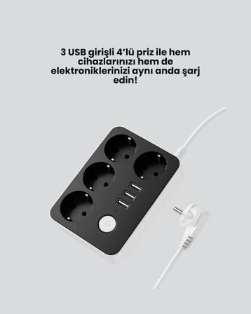 7 Cihazı Aynı Anda Destekleyen 3 Usb Portlu 4’lü Priz